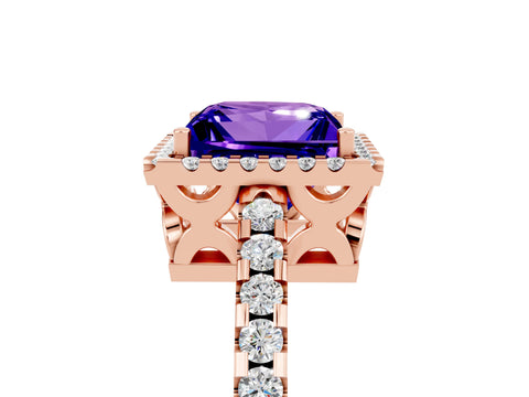 Rose gold Princess Cut Tanzanite Halo Engagement Ring with Pavé Band and Prong Setting_17