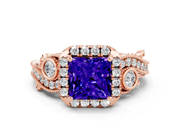 Rose gold Princess Cut Tanzanite Halo Ring with Milgrain Pavé Band and Four-Prong Setting