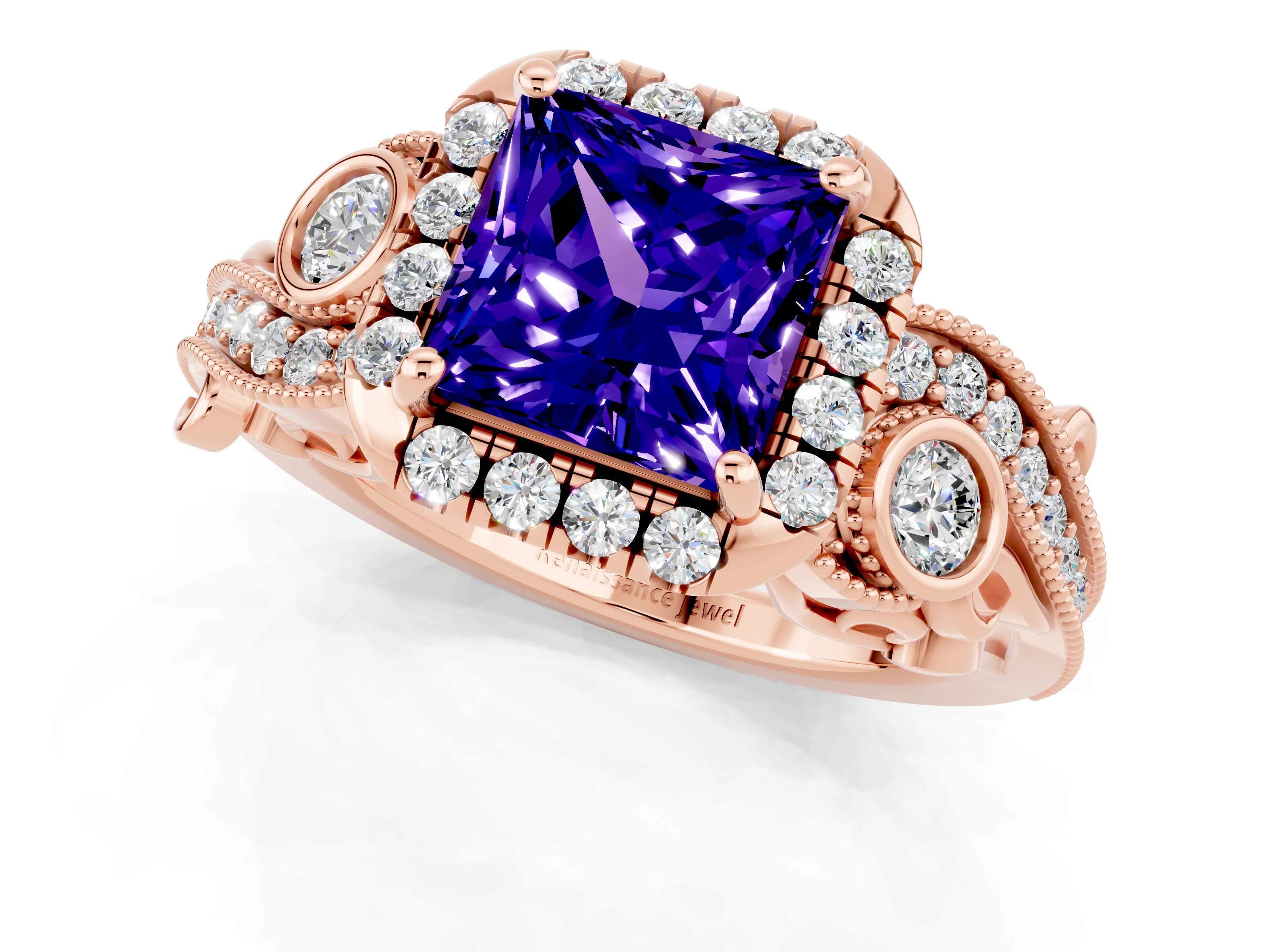 Rose gold Princess Cut Tanzanite Halo Ring with Milgrain Pavé Band and Four-Prong Setting_13