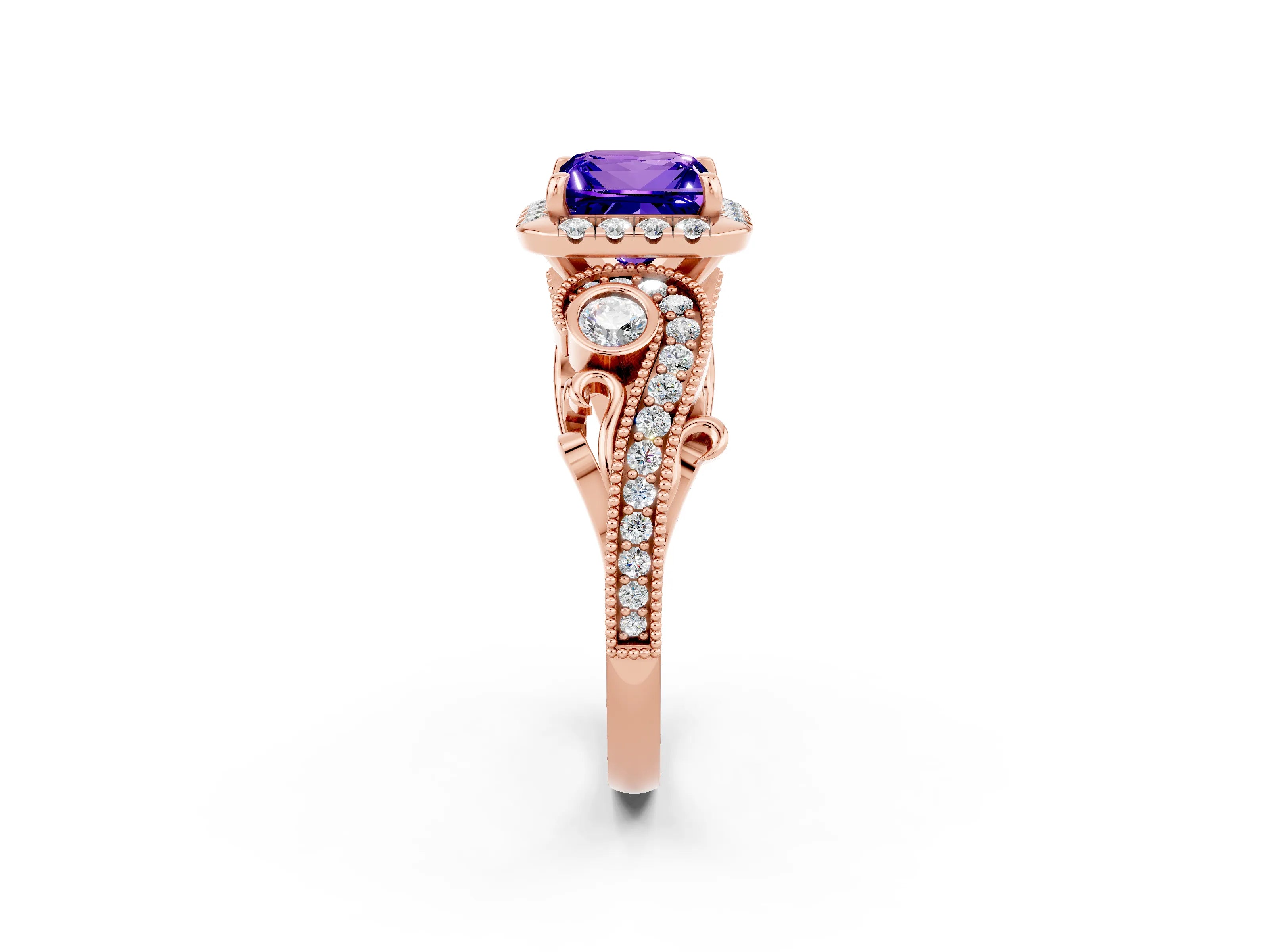 Rose gold Princess Cut Tanzanite Halo Ring with Milgrain Pavé Band and Four-Prong Setting_14