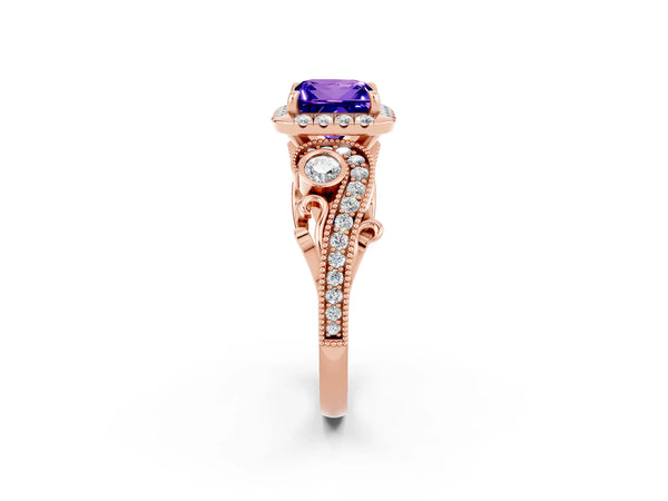 Rose gold Princess Cut Tanzanite Halo Ring with Milgrain Pavé Band and Four-Prong Setting
