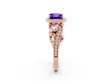 Rose gold Princess Cut Tanzanite Halo Ring with Milgrain Pavé Band and Four-Prong Setting_14