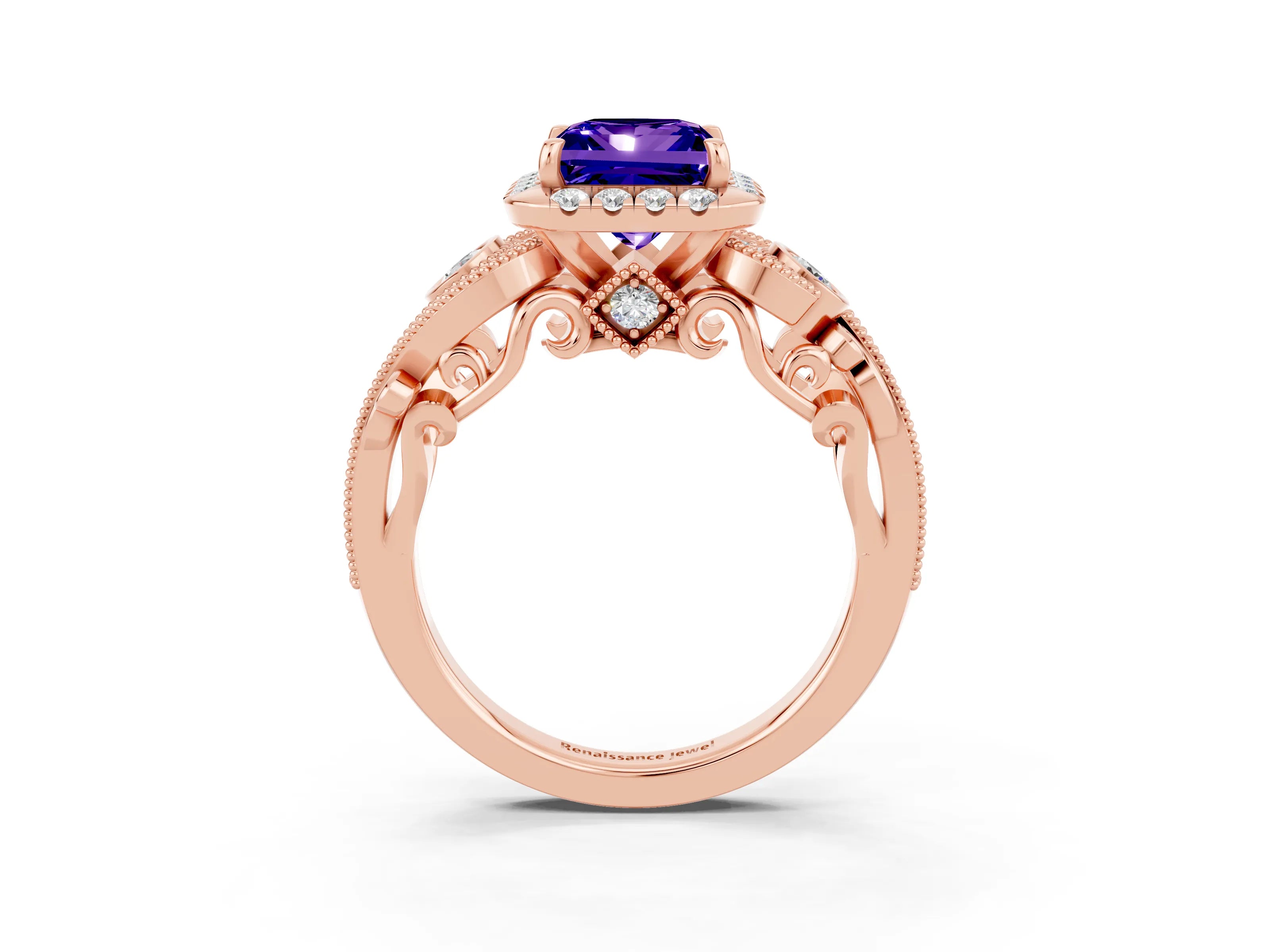 Rose gold Princess Cut Tanzanite Halo Ring with Milgrain Pavé Band and Four-Prong Setting_15