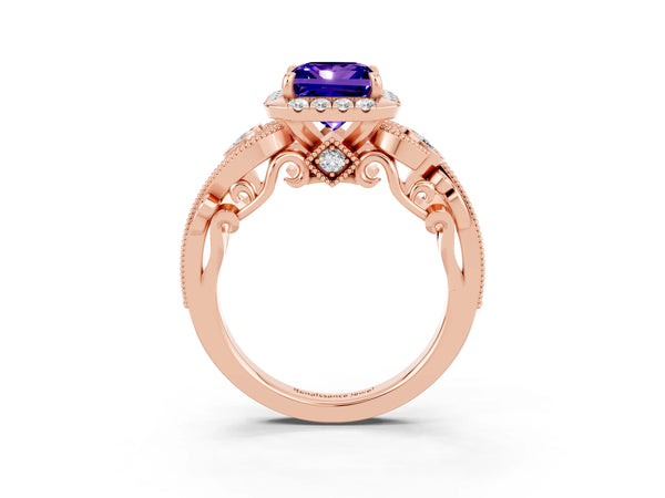 Rose gold Princess Cut Tanzanite Halo Ring with Milgrain Pavé Band and Four-Prong Setting