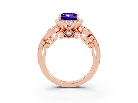 Rose gold Princess Cut Tanzanite Halo Ring with Milgrain Pavé Band and Four-Prong Setting_15