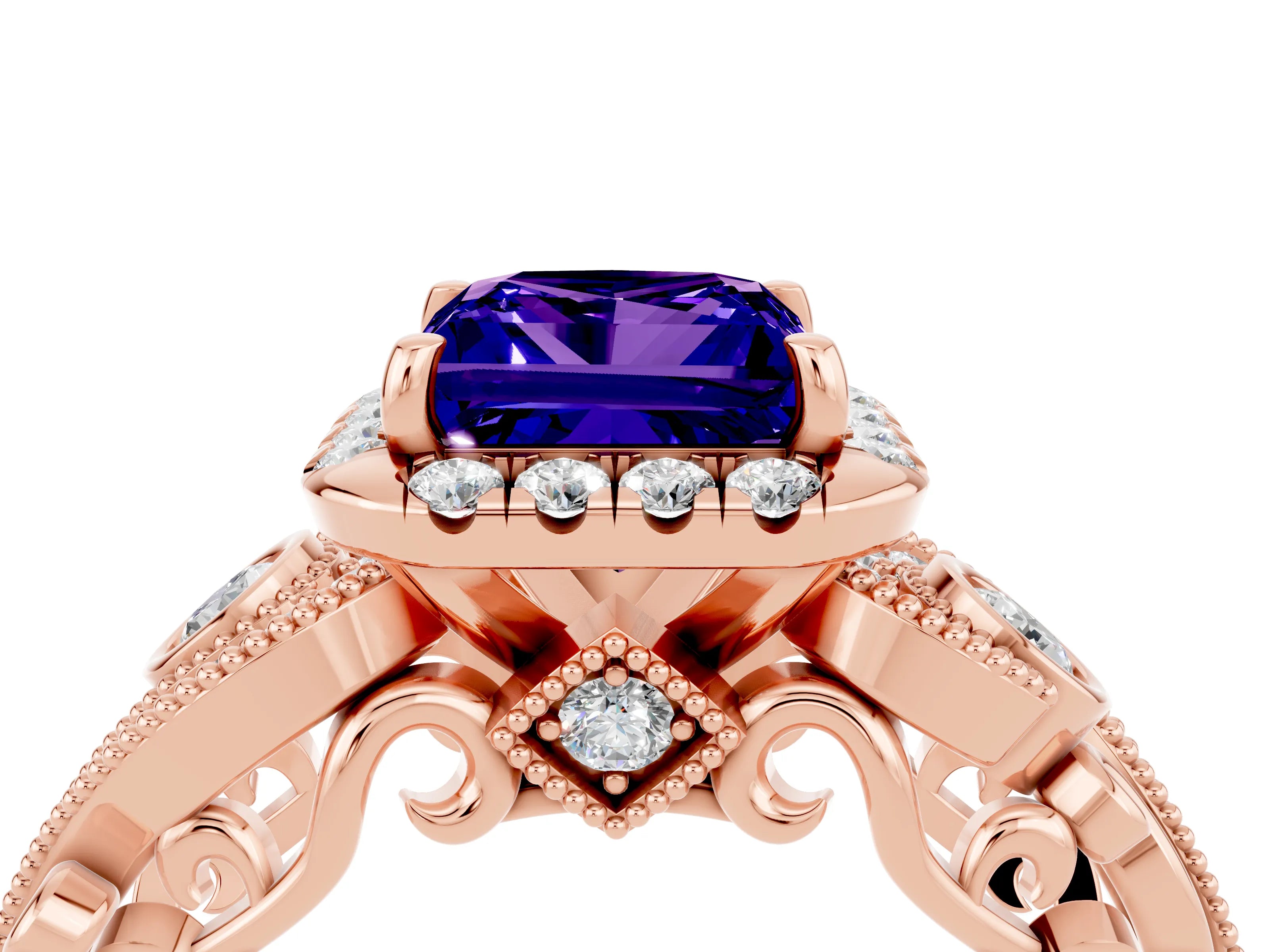 Rose gold Princess Cut Tanzanite Halo Ring with Milgrain Pavé Band and Four-Prong Setting_16