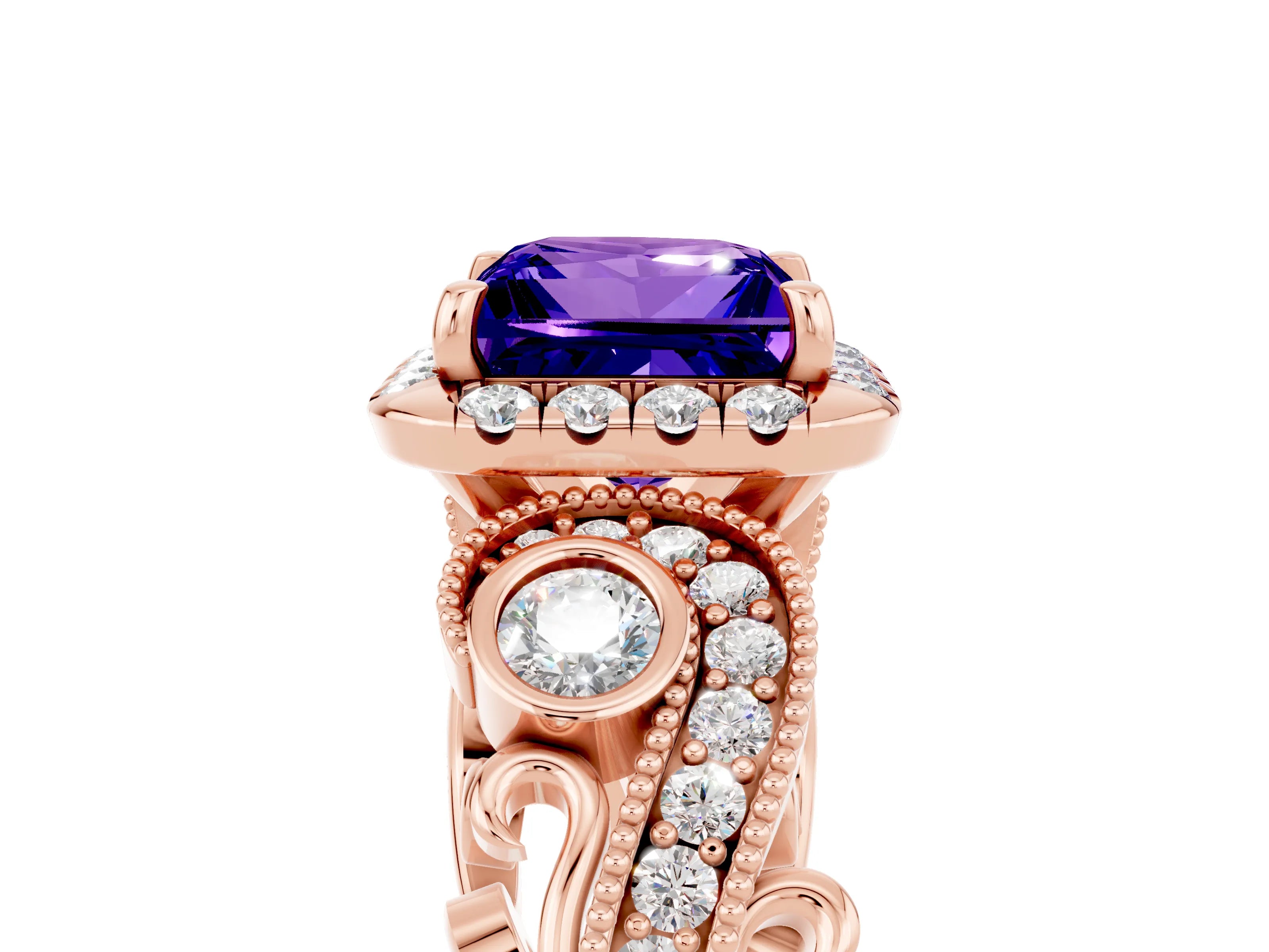 Rose gold Princess Cut Tanzanite Halo Ring with Milgrain Pavé Band and Four-Prong Setting_17