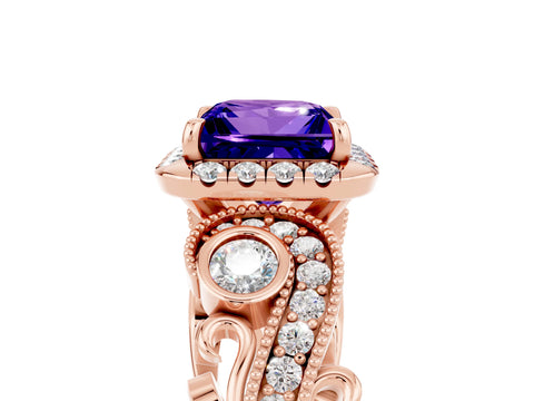 Rose gold Princess Cut Tanzanite Halo Ring with Milgrain Pavé Band and Four-Prong Setting_17