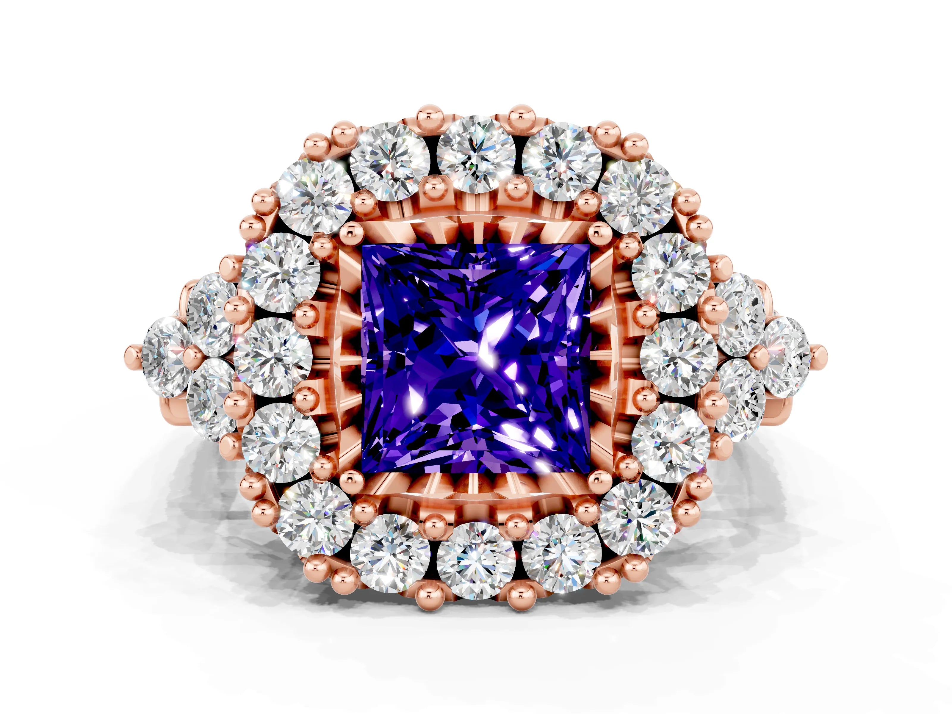 Rose gold Princess Cut Tanzanite Halo Ring with Pavé Band and Four-Prong Setting_12
