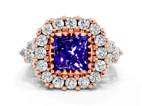 Rose gold Princess Cut Tanzanite Halo Ring with Pavé Band and Four-Prong Setting