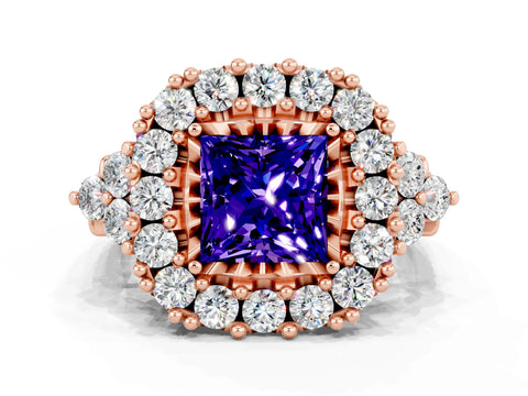 Rose gold Princess Cut Tanzanite Halo Ring with Pavé Band and Four-Prong Setting_12