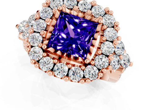 Rose gold Princess Cut Tanzanite Halo Ring with Pavé Band and Four-Prong Setting_13