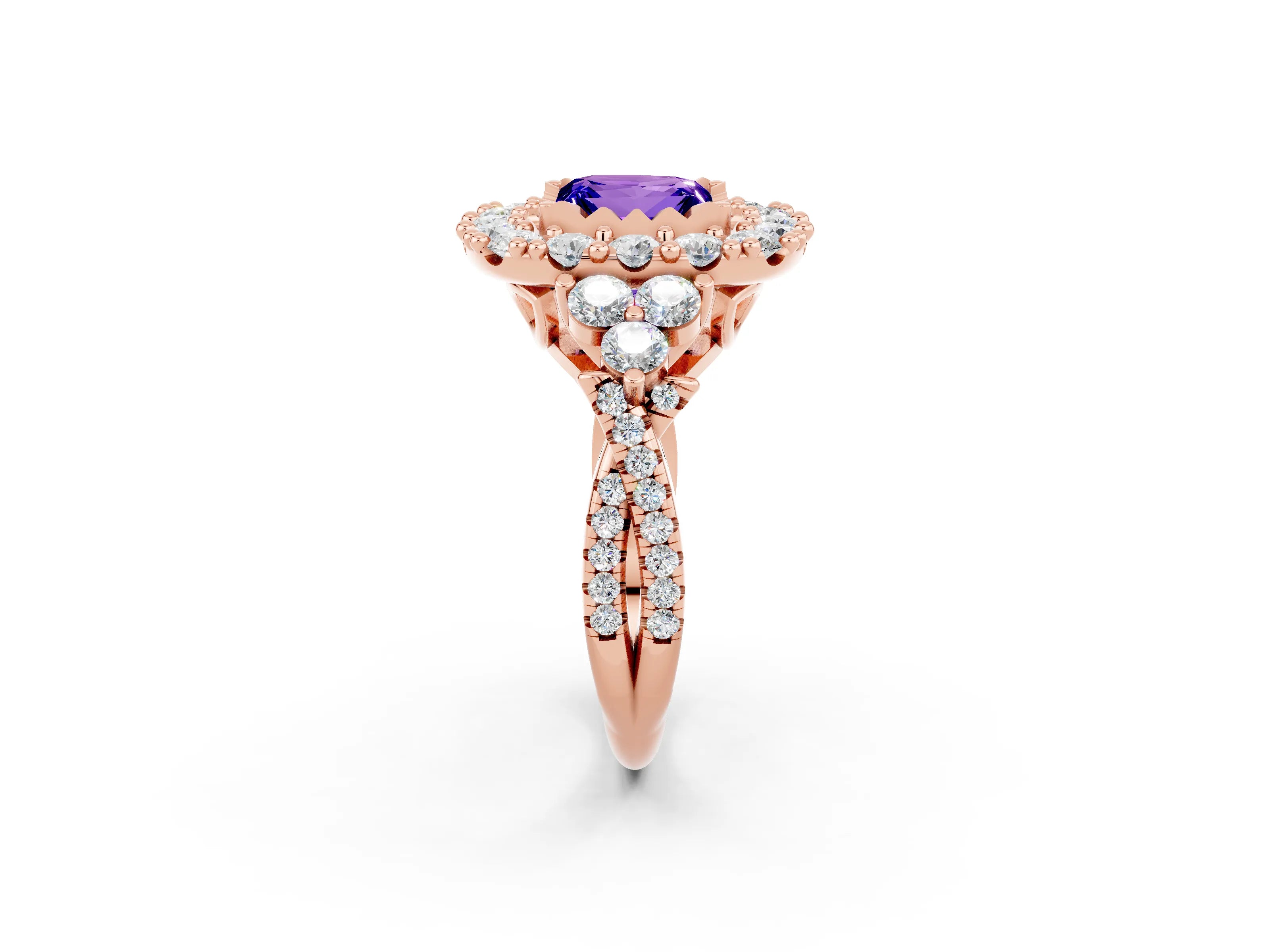 Rose gold Princess Cut Tanzanite Halo Ring with Pavé Band and Four-Prong Setting_14