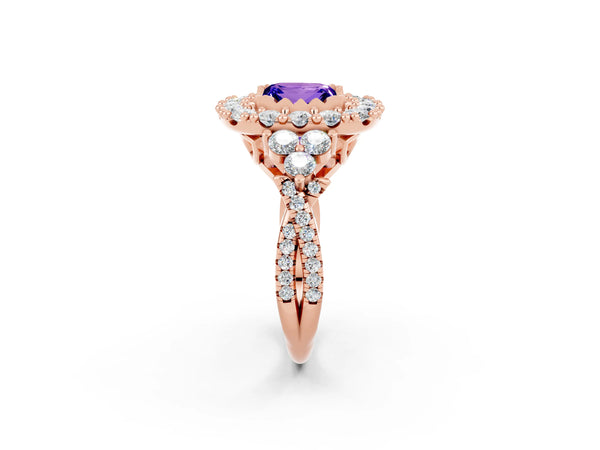 Rose gold Princess Cut Tanzanite Halo Ring with Pavé Band and Four-Prong Setting