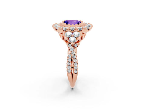 Rose gold Princess Cut Tanzanite Halo Ring with Pavé Band and Four-Prong Setting_14