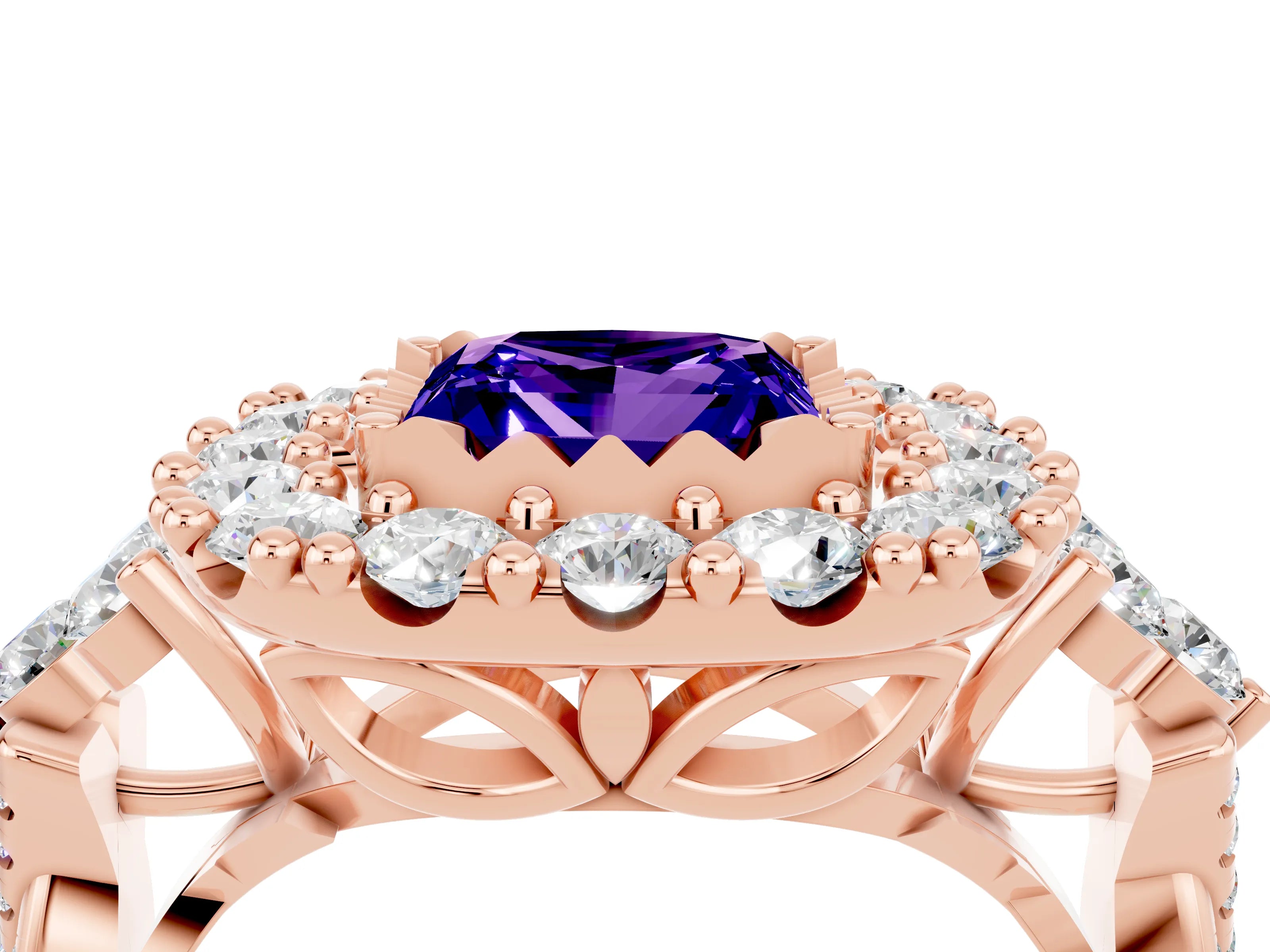 Rose gold Princess Cut Tanzanite Halo Ring with Pavé Band and Four-Prong Setting_16