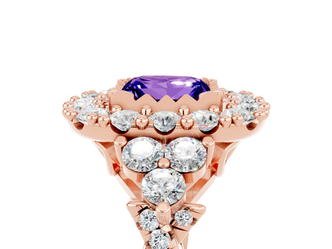 Rose gold Princess Cut Tanzanite Halo Ring with Pavé Band and Four-Prong Setting_17