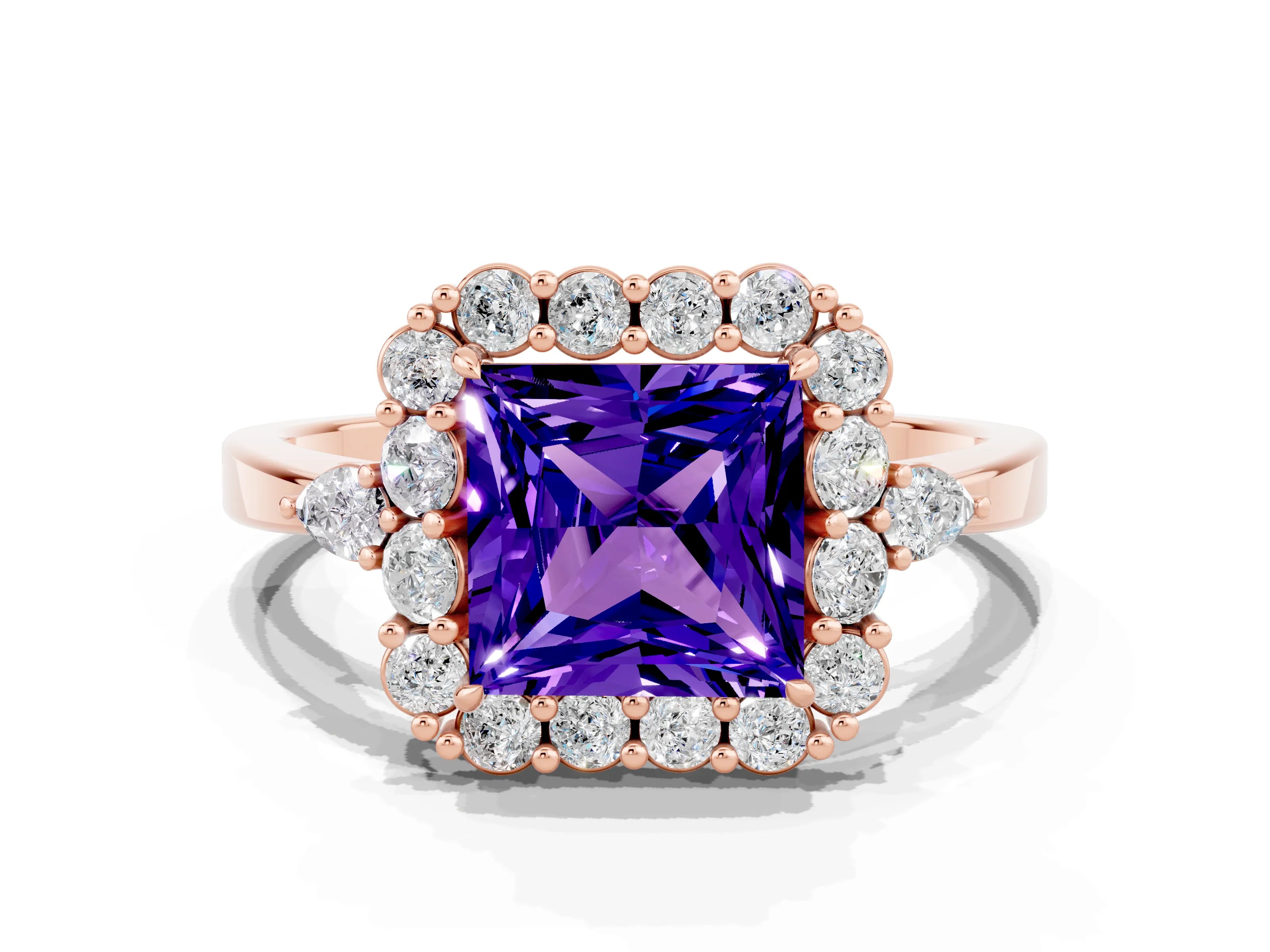 Rose gold Princess Cut Tanzanite Halo Ring with Pear Side Stones and Prong Setting_12