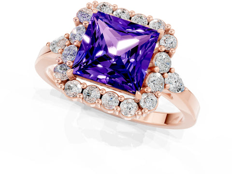 Rose gold Princess Cut Tanzanite Halo Ring with Pear Side Stones and Prong Setting_13