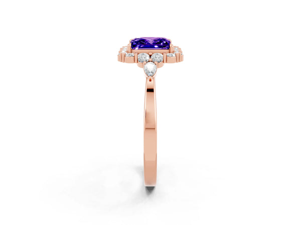 Rose gold Princess Cut Tanzanite Halo Ring with Pear Side Stones and Prong Setting