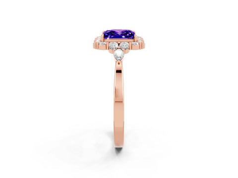 Rose gold Princess Cut Tanzanite Halo Ring with Pear Side Stones and Prong Setting_14