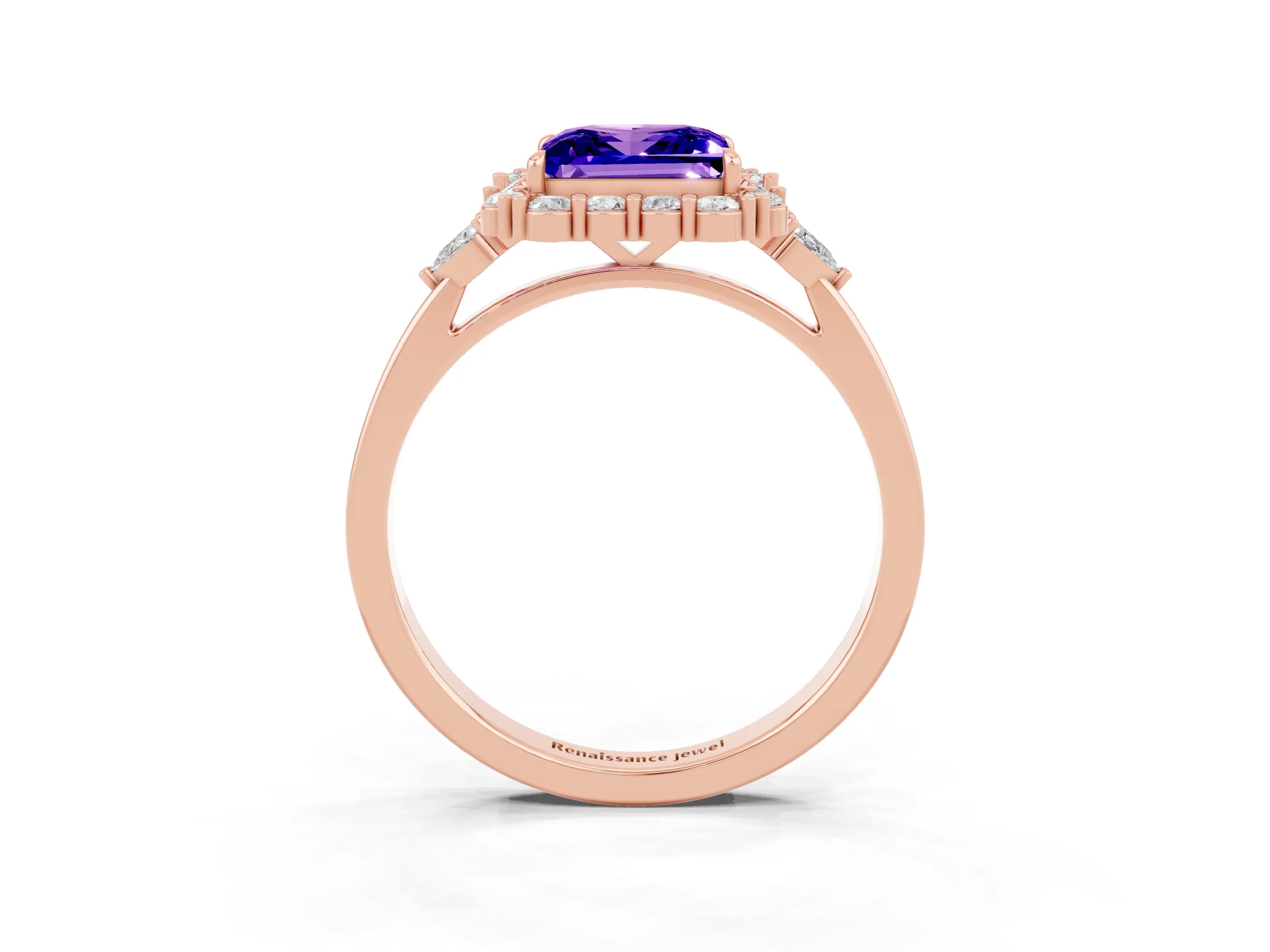Rose gold Princess Cut Tanzanite Halo Ring with Pear Side Stones and Prong Setting_15