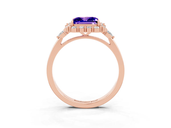 Rose gold Princess Cut Tanzanite Halo Ring with Pear Side Stones and Prong Setting