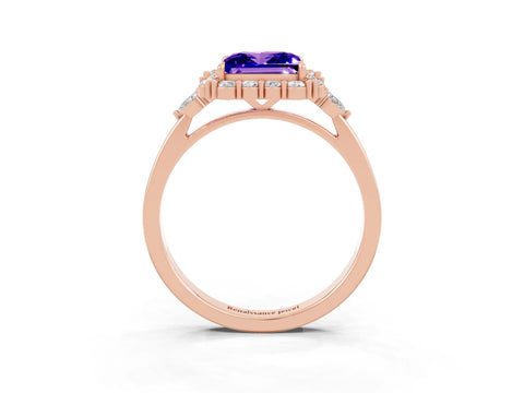 Rose gold Princess Cut Tanzanite Halo Ring with Pear Side Stones and Prong Setting_15