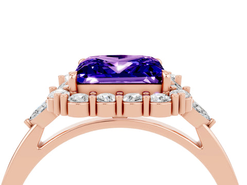 Rose gold Princess Cut Tanzanite Halo Ring with Pear Side Stones and Prong Setting_16