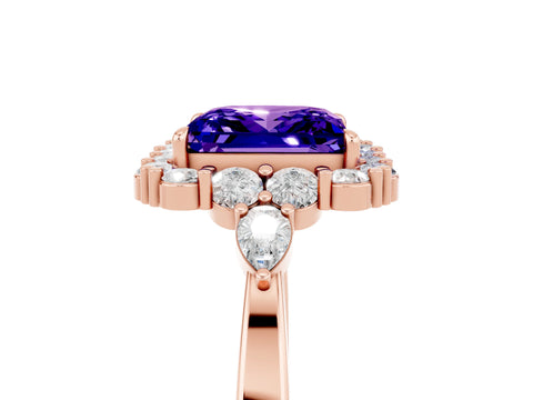 Rose gold Princess Cut Tanzanite Halo Ring with Pear Side Stones and Prong Setting_17