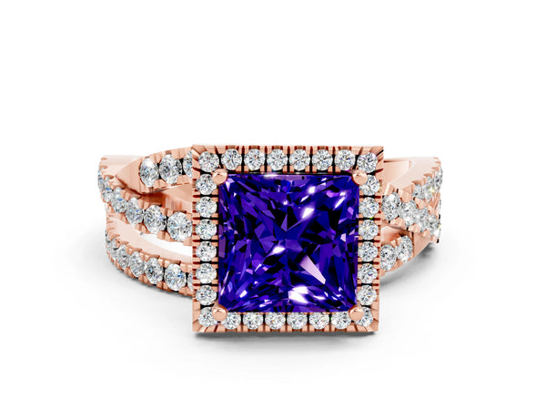 Rose gold Princess Cut Tanzanite Halo Ring with Round Split Shank and Prong Setting