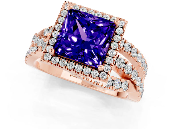 Rose gold Princess Cut Tanzanite Halo Ring with Round Split Shank and Prong Setting