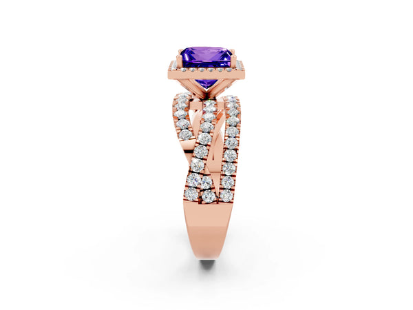 Rose gold Princess Cut Tanzanite Halo Ring with Round Split Shank and Prong Setting