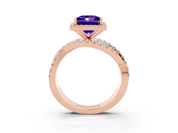 Rose gold Princess Cut Tanzanite Halo Ring with Round Split Shank and Prong Setting