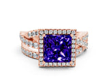 Rose gold Princess Cut Tanzanite Halo Ring with Round Split Shank and Prong Setting_48