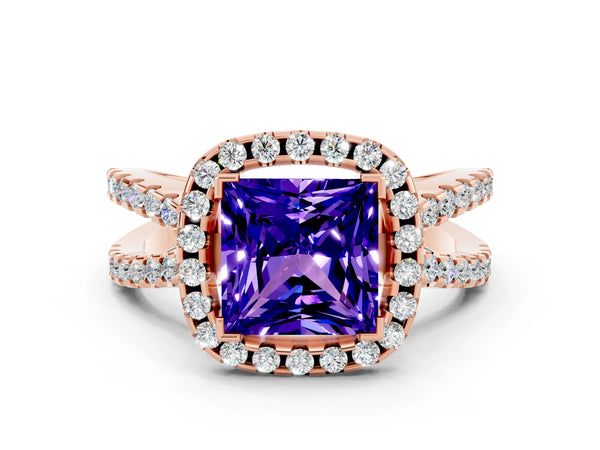 Rose gold Princess Cut Tanzanite Halo Ring with Split Shank Pavé Band and Prong Setting