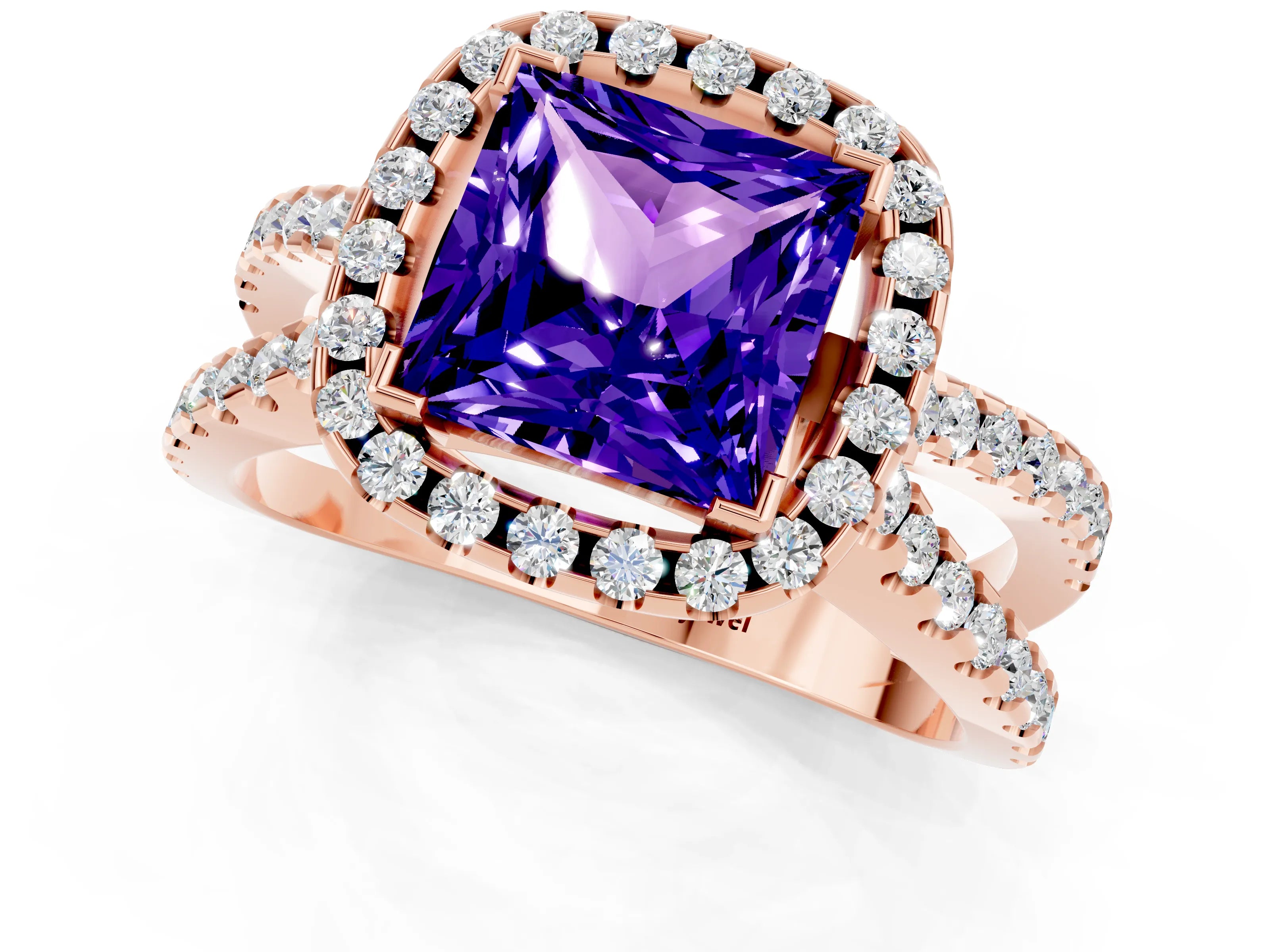 Rose gold Princess Cut Tanzanite Halo Ring with Split Shank Pavé Band and Prong Setting_1