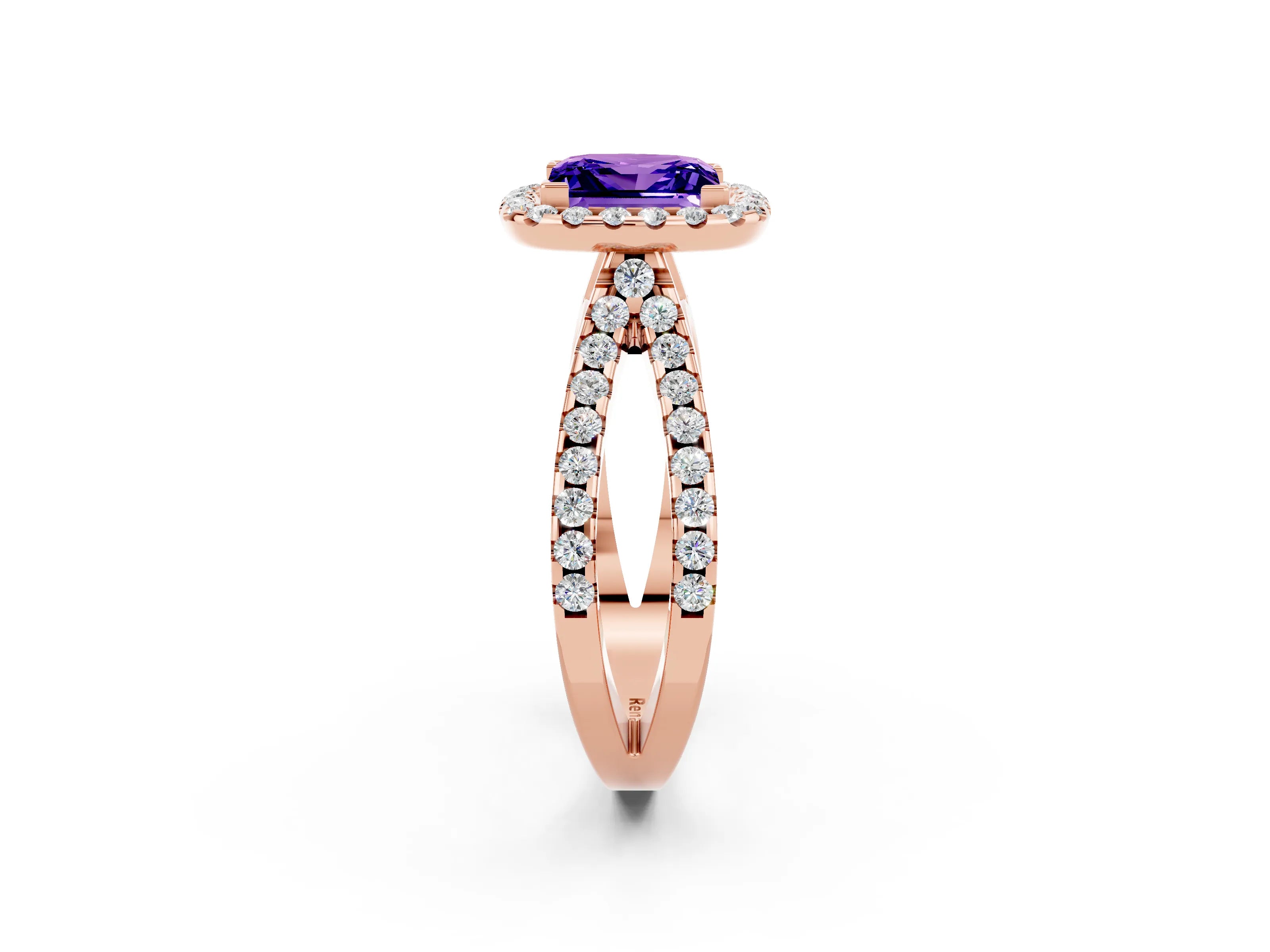 Rose gold Princess Cut Tanzanite Halo Ring with Split Shank Pavé Band and Prong Setting_2