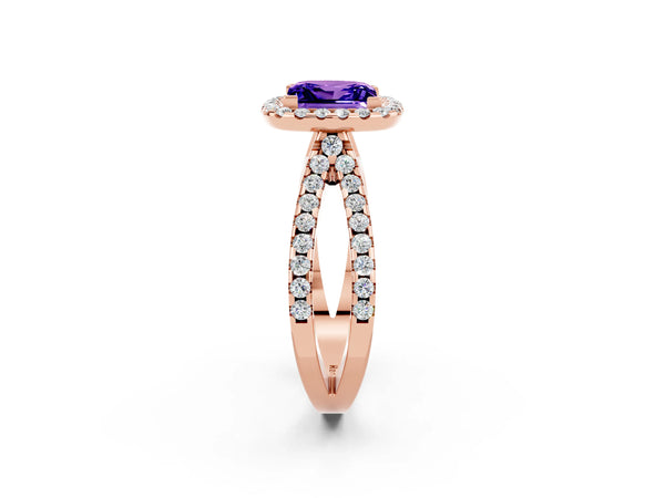 Rose gold Princess Cut Tanzanite Halo Ring with Split Shank Pavé Band and Prong Setting