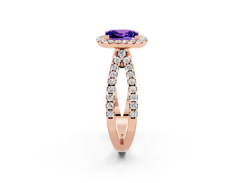 Rose gold Princess Cut Tanzanite Halo Ring with Split Shank Pavé Band and Prong Setting_2