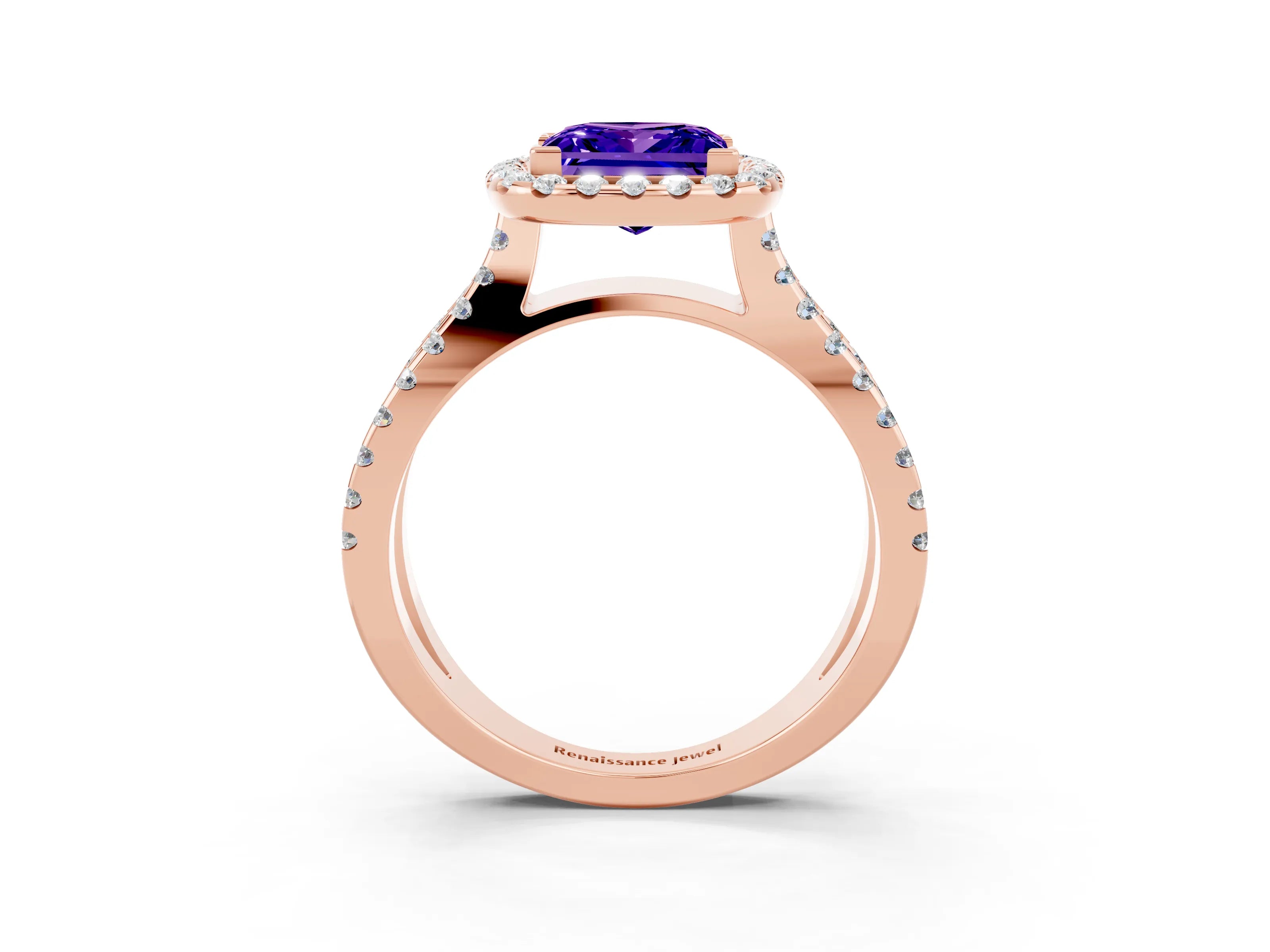 Rose gold Princess Cut Tanzanite Halo Ring with Split Shank Pavé Band and Prong Setting_3