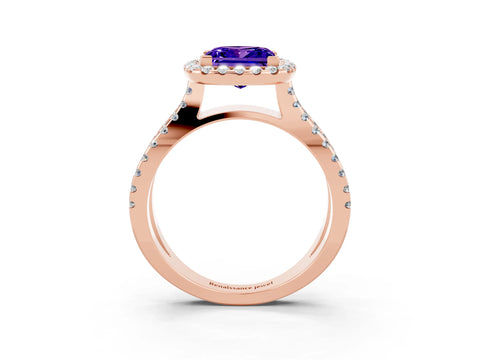 Rose gold Princess Cut Tanzanite Halo Ring with Split Shank Pavé Band and Prong Setting_3