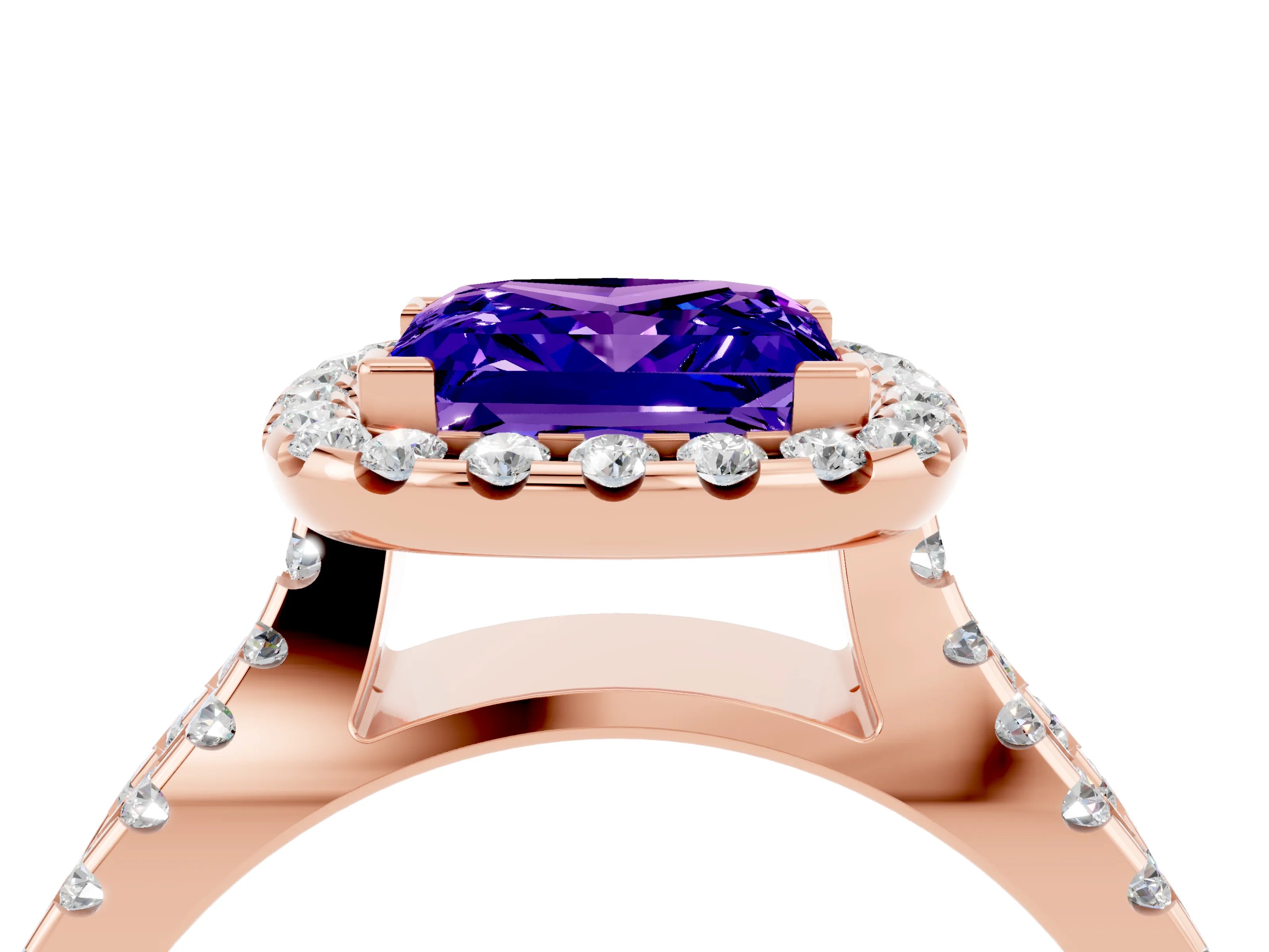 Rose gold Princess Cut Tanzanite Halo Ring with Split Shank Pavé Band and Prong Setting_4