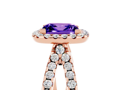 Rose gold Princess Cut Tanzanite Halo Ring with Split Shank Pavé Band and Prong Setting_5