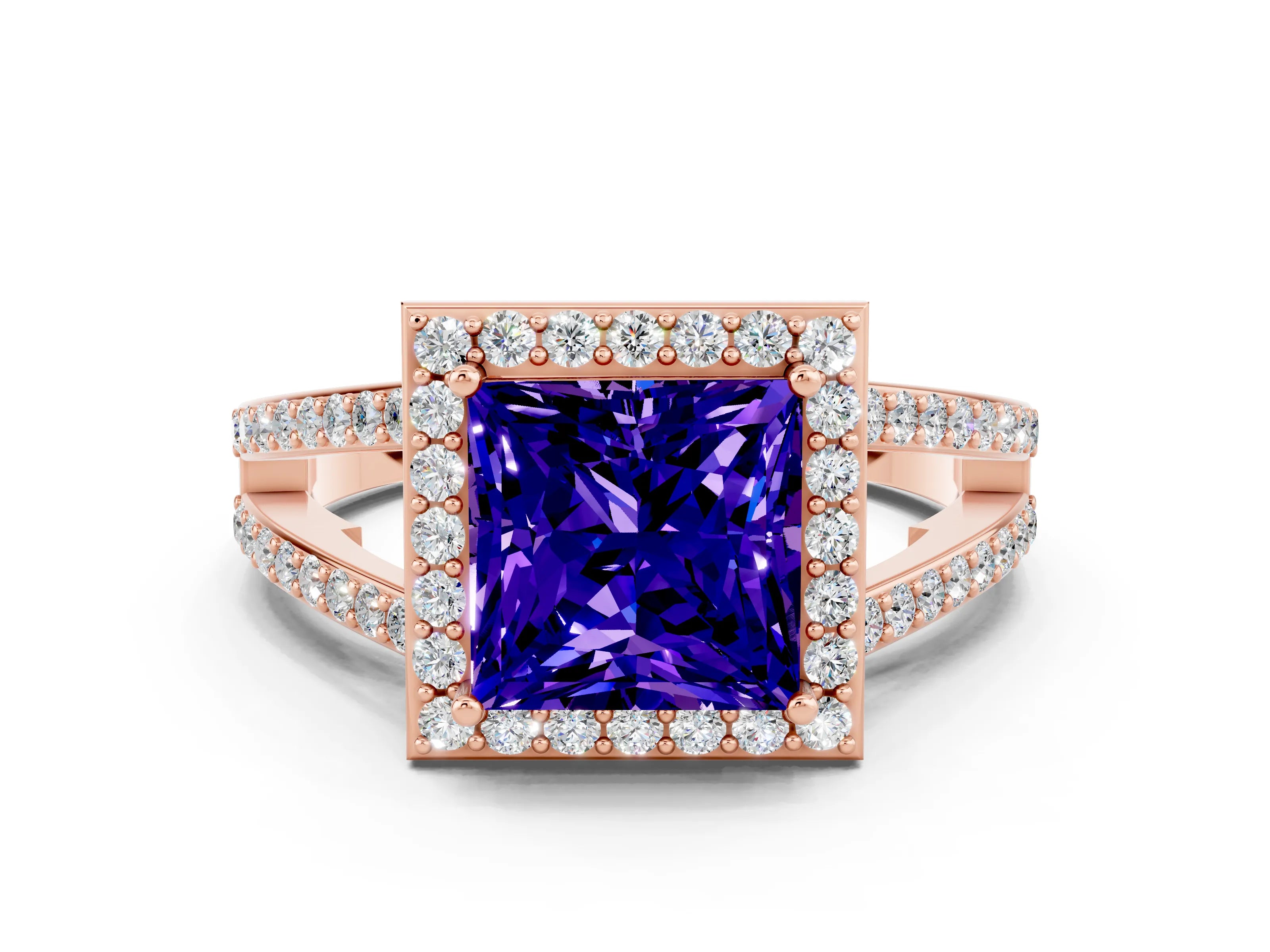 Rose gold Princess Cut Tanzanite Halo Ring with Split Shank U-Prong Band and Four-Prong Setting