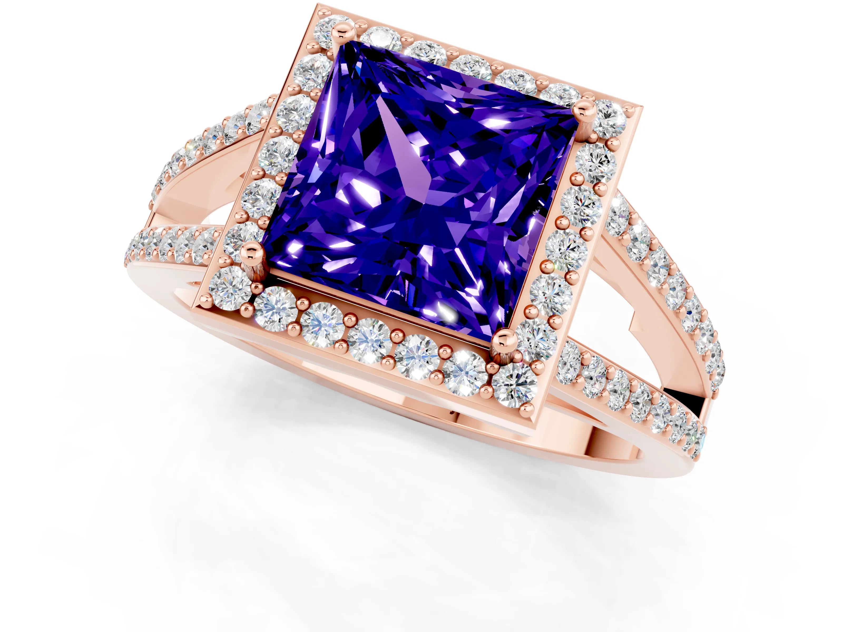 Rose gold Princess Cut Tanzanite Halo Ring with Split Shank U-Prong Band and Four-Prong Setting_1