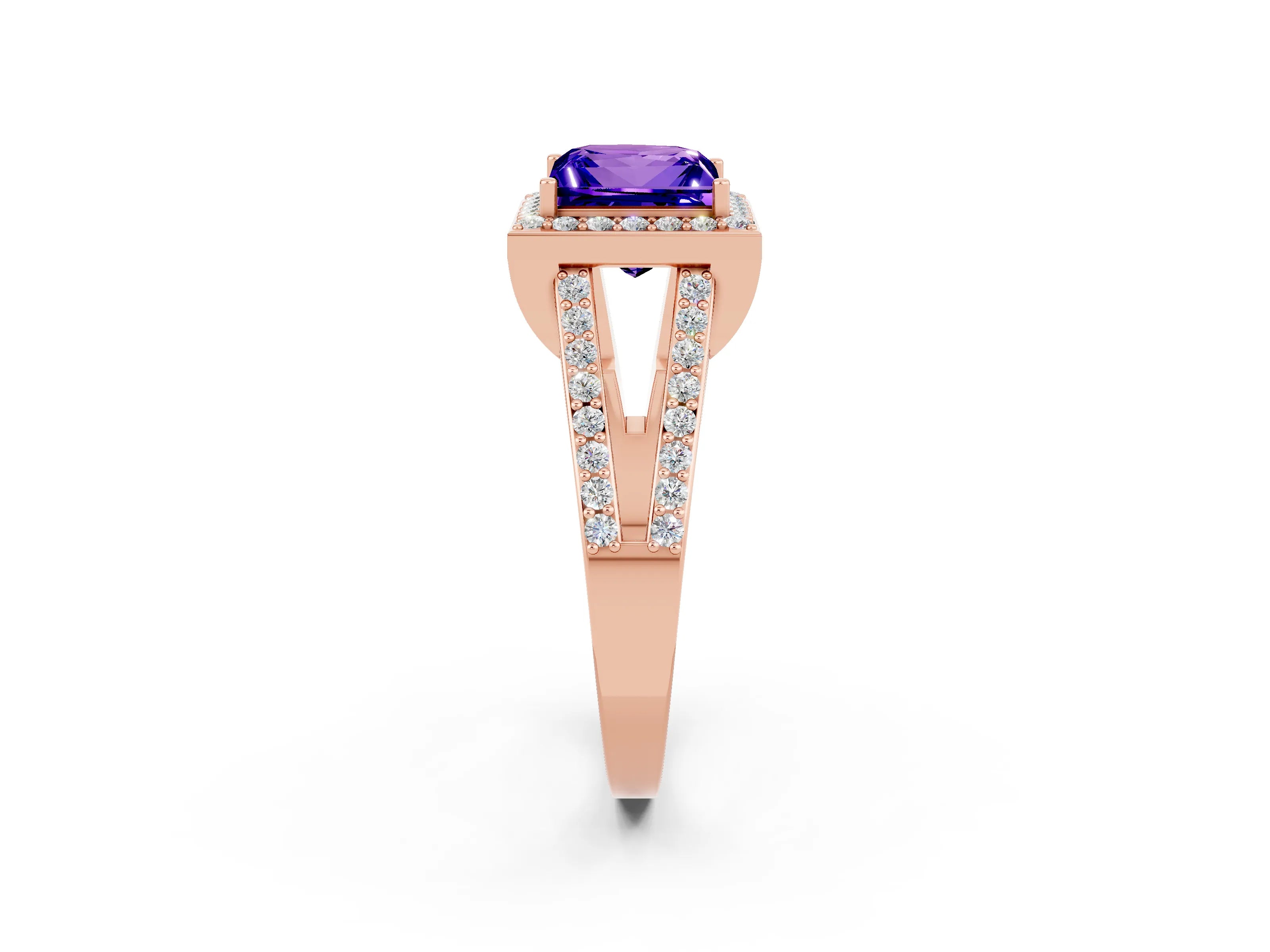 Rose gold Princess Cut Tanzanite Halo Ring with Split Shank U-Prong Band and Four-Prong Setting_2