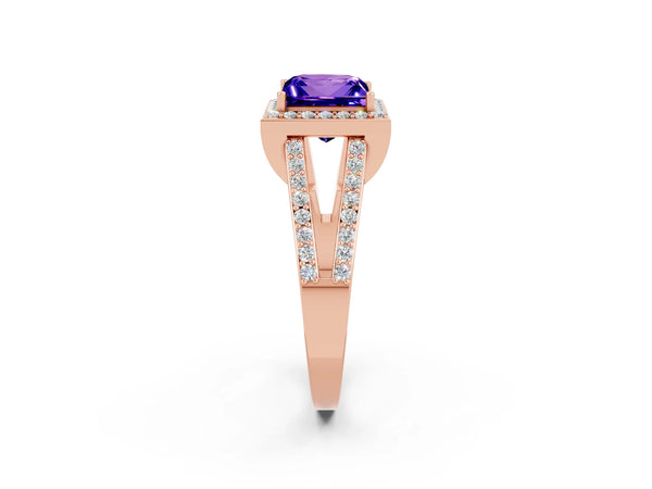 Rose gold Princess Cut Tanzanite Halo Ring with Split Shank U-Prong Band and Four-Prong Setting