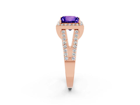 Rose gold Princess Cut Tanzanite Halo Ring with Split Shank U-Prong Band and Four-Prong Setting_2