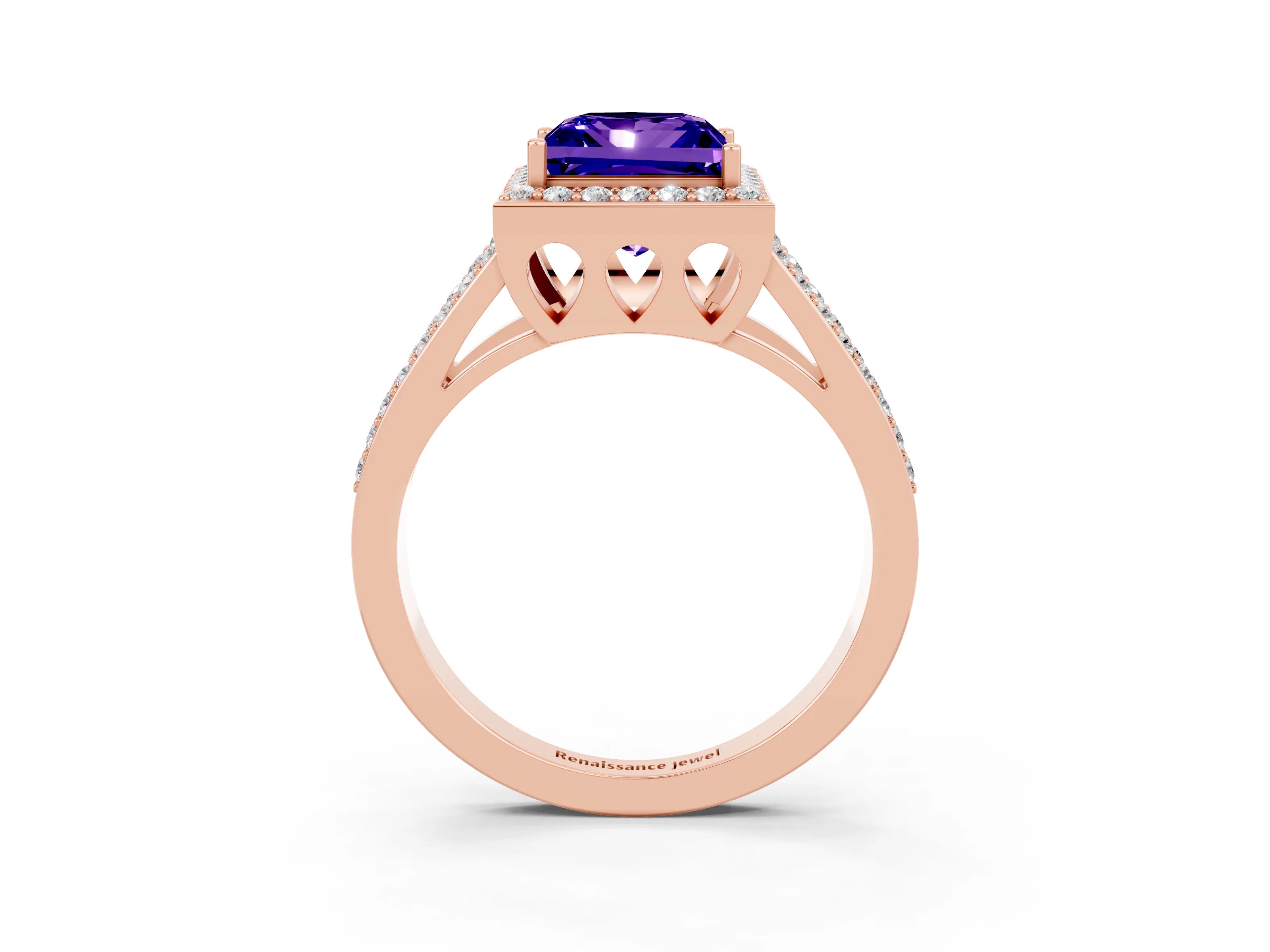 Rose gold Princess Cut Tanzanite Halo Ring with Split Shank U-Prong Band and Four-Prong Setting_3